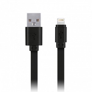 Кабель для зарядки телефона 3 м, USB - 8-pin для Apple, плоский, резиновый, до 2А, (PD)Power Delivery/(FC)Fast Charge/(QC)Quick Charge 2.0, цвет черный (iK-530r-2)