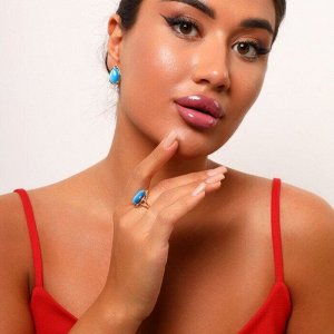Комплект украшений ювелирная бижутерия Дубайское золото серьги и кольцо, покрытие позолота, вставка: камень кошачий глаз, цвет: синий, р р 19, арт.215.065-19