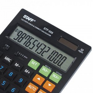 Калькулятор STAFF настольный STF-555-BLACK, 12 разрядов, CORRECT, TAX, ЧЕРНЫЙ, двойное питание, 205х154 мм, 250304