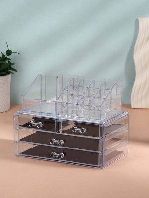 Бокс для хранения косметики, 20 секций, 23.5x14.5x19 см, 4 выдвижных ящика, прозрачный