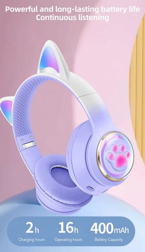Наушники беспроводные Cat Ears кошачьи ушки светящиеся, 400mAh