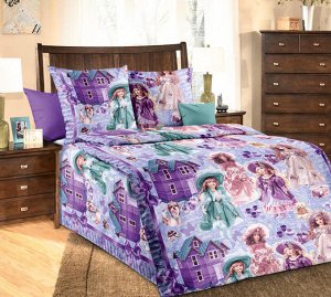 Комплект постельного белья 1,5-спальный, бязь "Люкс", детская расцветка (Куклы, сиреневый)