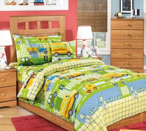 Комплект постельного белья в детскую кроватку, бязь "Люкс" (Машинки, зеленый)