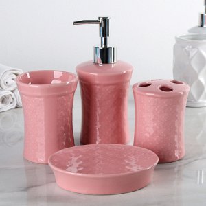 Набор для ванной 4 предмета (Дозатор, мыльница, 2 стакана) "Розочки", цвет розовый