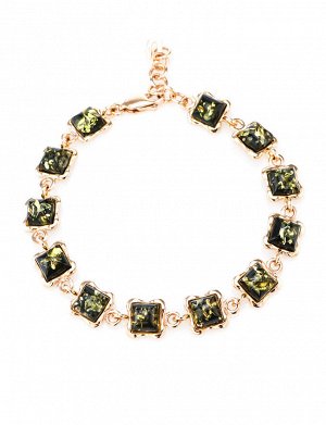 Яркий браслет из золочённого серебра с натуральным зелёным янтарём «Вега», 712611168