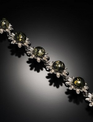 Эффектный браслет с натуральным янтарём зеленого цвета «Астра»