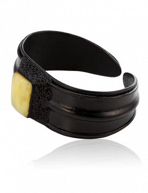 Стильный кожаный браслет с прямоугольной вставкой из медового янтаря, 6050103015