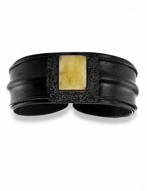 Стильный кожаный браслет с прямоугольной вставкой из медового янтаря, 6050103015