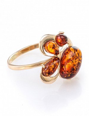 Эффектное золотое кольцо с натуральным балтийским янтарём коньячного цвета «Симфония», 606212096