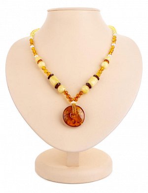Эффектное ожерелье из натурального янтаря разных оттенков и жемчуга «Фортуна», 906105345