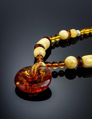Эффектное ожерелье из натурального янтаря разных оттенков и жемчуга «Фортуна», 906105345