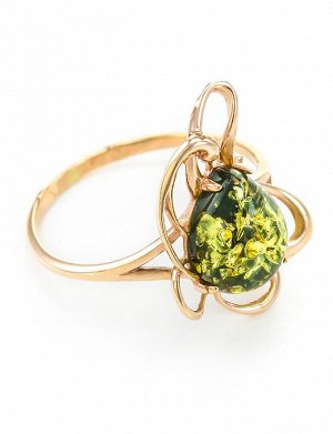 Лёгкое ажурное кольцо из золота и зелёного янтаря «Ромашка», 706203025