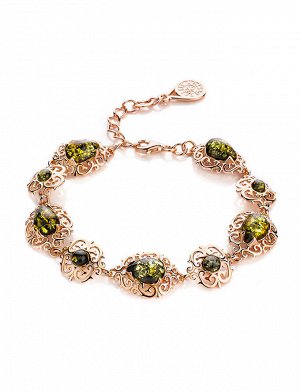 Изысканный позолоченный браслет с натуральным зелёным янтарём «Луксор», 812604138