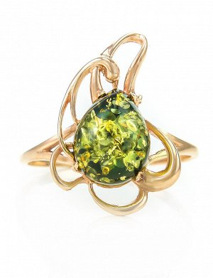 Лёгкое ажурное кольцо из золота и зелёного янтаря «Ромашка», 706203025