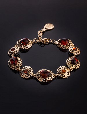 Роскошный позолоченный браслет с натуральным вишнёвым янтарём «Луксор», 812604146