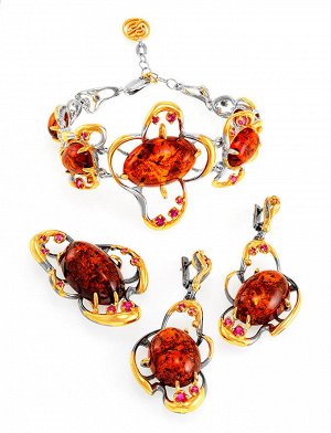 Роскошные серьги из янтаря красно-коньячного цвета в золочённом серебре «Помпадур», 810112070