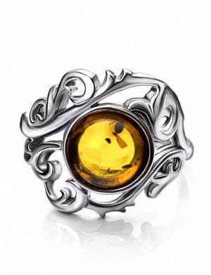 Ажурное серебряное кольцо с натуральным коньячным янтарём «Кордова»