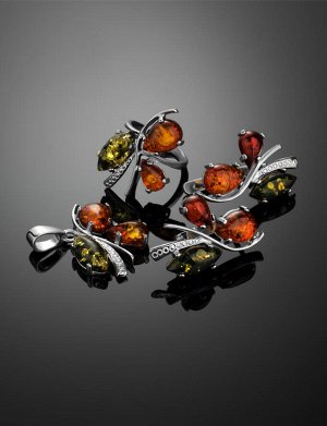 Нарядные серебряные серьги с натуральным балтийским янтарём двух цветов «Магнолия», 606505484