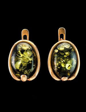 Овальные серьги «Астрид» из золота с натуральным зелёным янтарём, 706403021