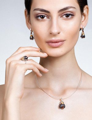 Эффектные серебряные серьги с натуральным вишнёвым янтарём «Скарабей», 706505102
