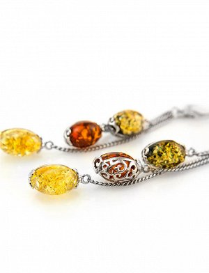 Длинные изящные серьги из серебра с натуральным янтарём трёх цветов «Касабланка», 606508105