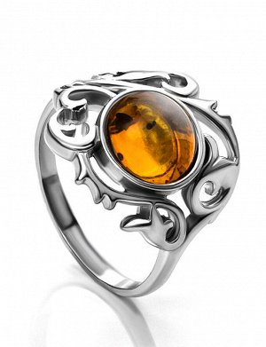 Ажурное серебряное кольцо с натуральным коньячным янтарём «Кордова»