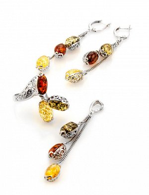 Длинные изящные серьги из серебра с натуральным янтарём трёх цветов «Касабланка», 606508105