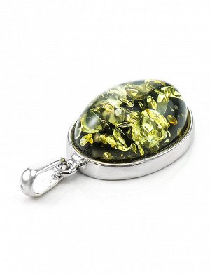 Овальная подвеска из серебра с искрящимся янтарём зелёного цвета «Годжи крупная», 701701016