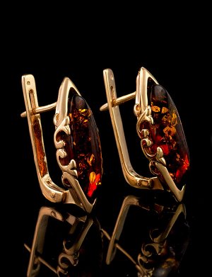 Изысканные золотые серьги с натуральным коньячным янтарём «Годива», 806401091