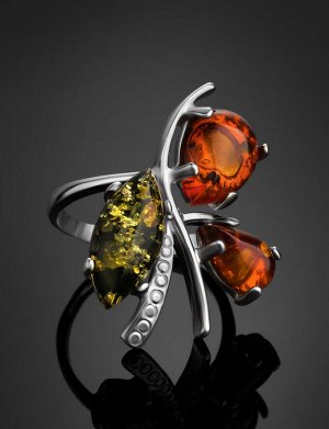 Серебряное кольцо с натуральным балтийским янтарём коньячного и зелёного цветов «Магнолия»