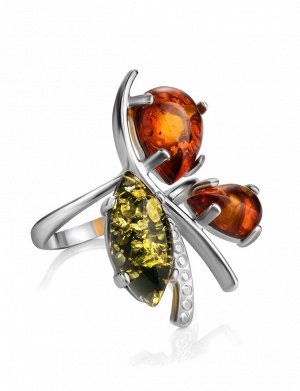 Серебряное кольцо с натуральным балтийским янтарём коньячного и зелёного цветов «Магнолия», 606305482