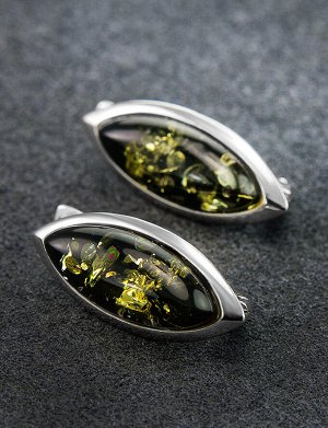 Серебряные серьги «Амарант крупный» с натуральным янтарём зелёного цвета, 706507286