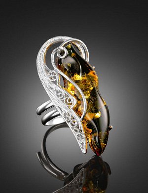 Изысканное серебряное кольцо «Крылышко» с натуральным зелёным янтарём, 906306297