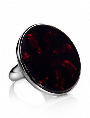 Крупное коктейльное кольцо из серебра с натуральным вишнёвым янтарём «Монако», 906304356