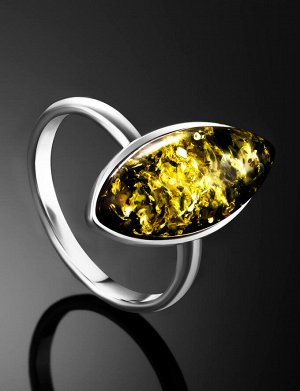Изящное серебряное кольцо с натуральным янтарем зелёного цвета «Амарант»