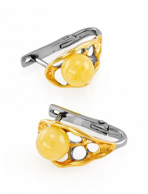 Оригинальные позолоченные серьги с натуральным медовым янтарём «Турандот», 910101194