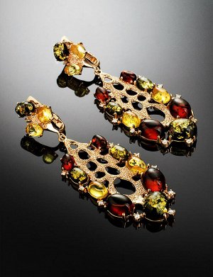 Роскошные серьги из позолоченного серебра с натуральным янтарём разных цветов «Верди», 910103044