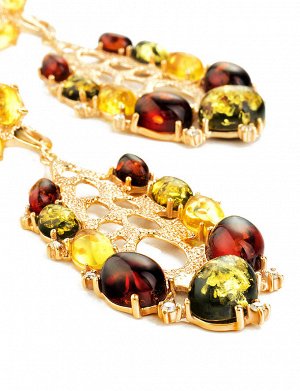 Роскошные серьги из позолоченного серебра с натуральным янтарём разных цветов «Верди», 910103044
