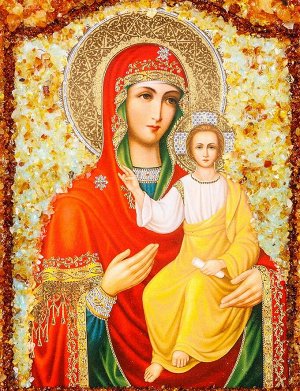 Икона Богоматери «Смоленская», украшенная натуральным янтарём, 906904397
