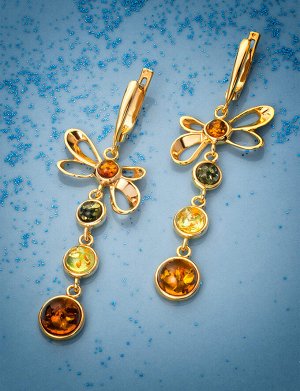 Очаровательные серьги «Каприз» из золочённого серебра и натурального янтаря, 810101124