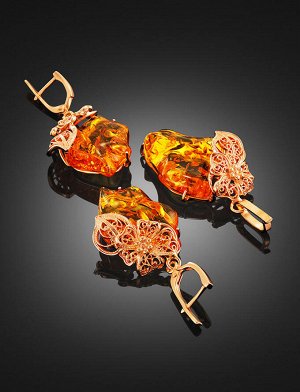 Изысканные нарядные серьги из лимонного янтаря в позолоченном серебре «Филигрань», 910105679