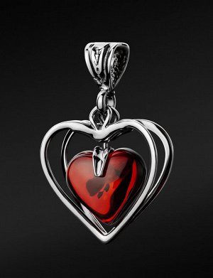 Воздушная подвеска-сердце из серебра с кусочком цельного янтаря вишнёвого цвета, 605401156