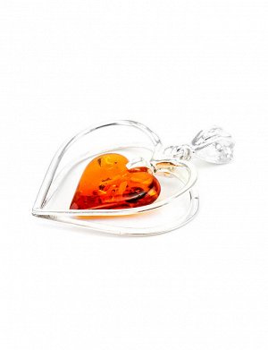 Воздушная подвеска-сердце из серебра с кусочком цельного янтаря вишнёвого цвета, 605401156