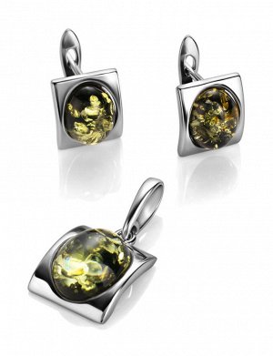 Серебряные серьги «Эллипс» со вставками сверкающего зеленого янтаря, 506511141