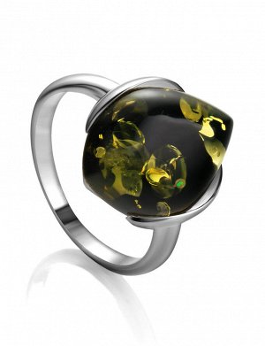 Серебряное кольцо с искрящимся зеленым янтарем «Кошачий глаз»