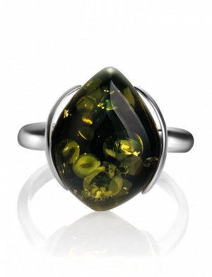 Серебряное кольцо с искрящимся зеленым янтарем «Кошачий глаз»