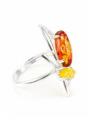 Стильное серебряное кольцо с вставками из натурального янтаря двух цветов «Пегас», 5063210217