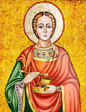 Икона «Святой целитель Пантелеймон», украшенная натуральным балтийским янтарём, 906907340