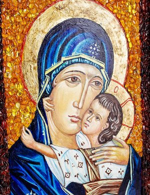 Икона Божией Матери «Елеуса», украшенная натуральным янтарём, 906907341