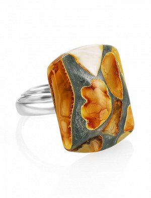Яркое кольцо из янтарной мозаики в бирюзовом полимере «Далматин», 908205323